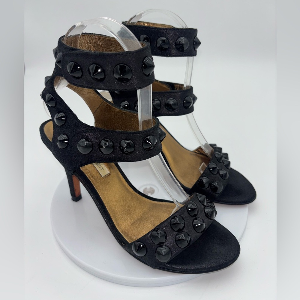 CYNTHIA VINCENT Black Strappy Heel Shoe Studded Hook Loop Sexy Ankle Wedding 6.5 - Picture 2 of 10